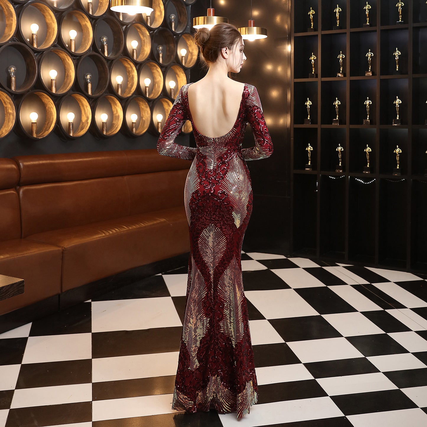 LADIES LONG SLEEVE EVENING DRESS GREEN / BLACK / WINE RED / GOLD / NAVY BLUE / RED-GOLD (SIZE S - 2XL)