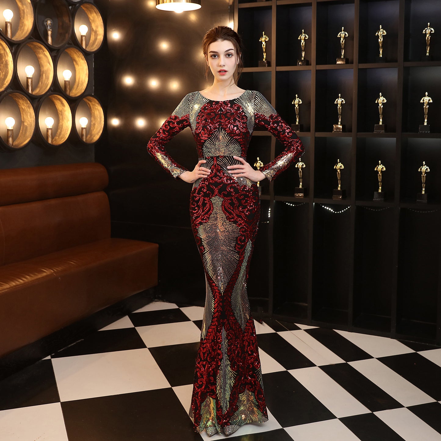 LADIES LONG SLEEVE EVENING DRESS GREEN / BLACK / WINE RED / GOLD / NAVY BLUE / RED-GOLD (SIZE S - 2XL)