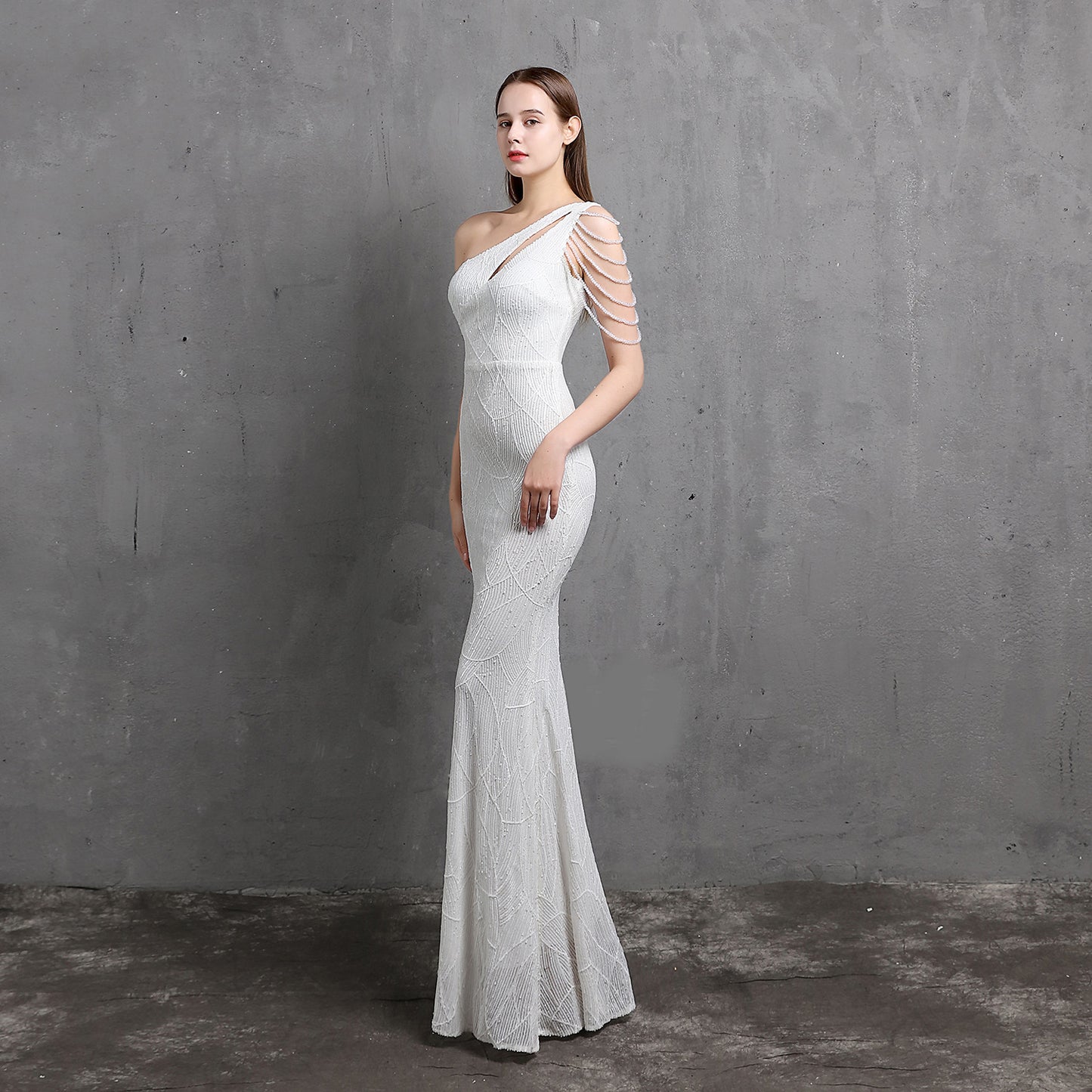 LADIES ONE SHOULDER EVENING DRESS WHITE / BLACK / APRICOT / GOLD / WINE RED / NAVY BLUE (SIZE S - 2XL)