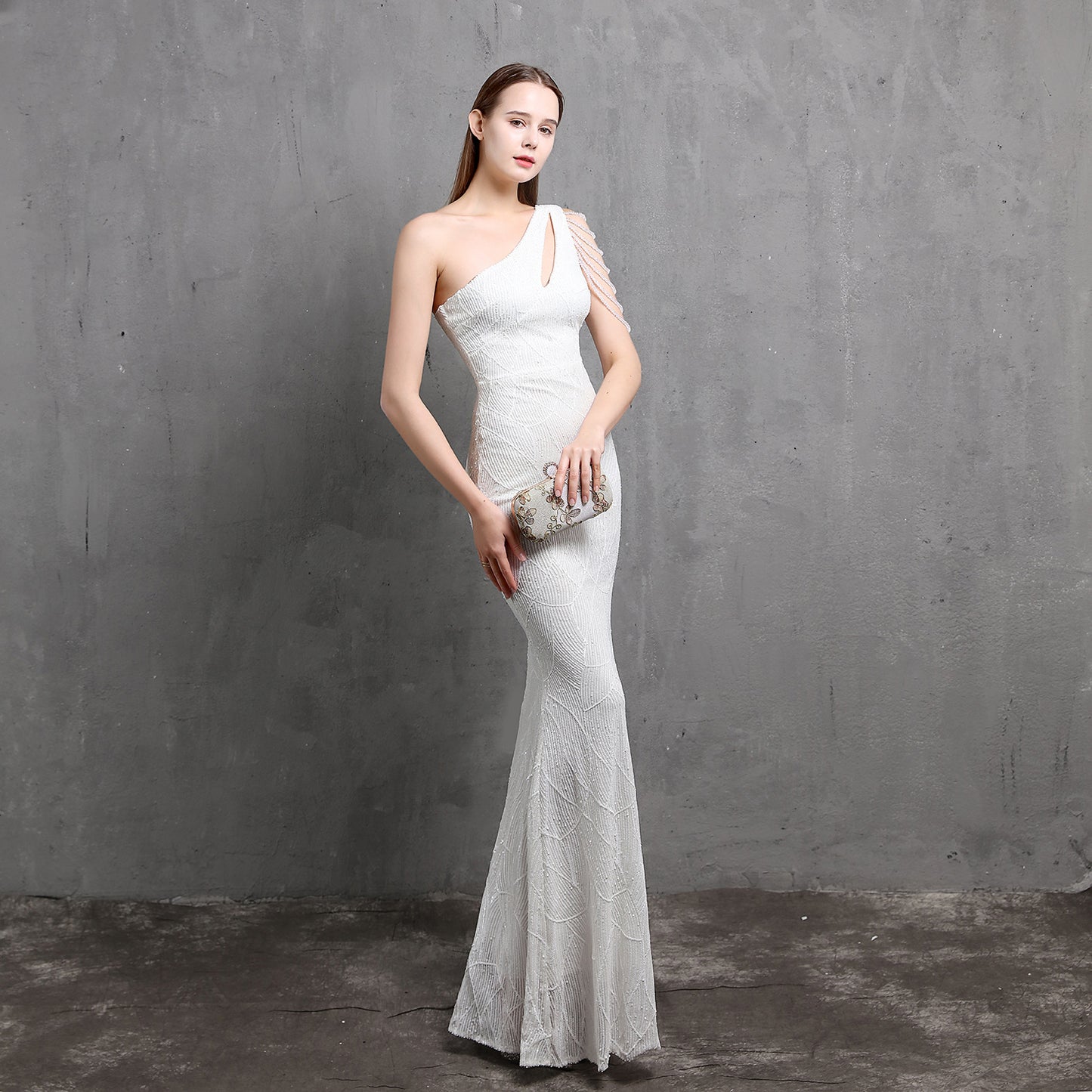 LADIES ONE SHOULDER EVENING DRESS WHITE / BLACK / APRICOT / GOLD / WINE RED / NAVY BLUE (SIZE S - 2XL)