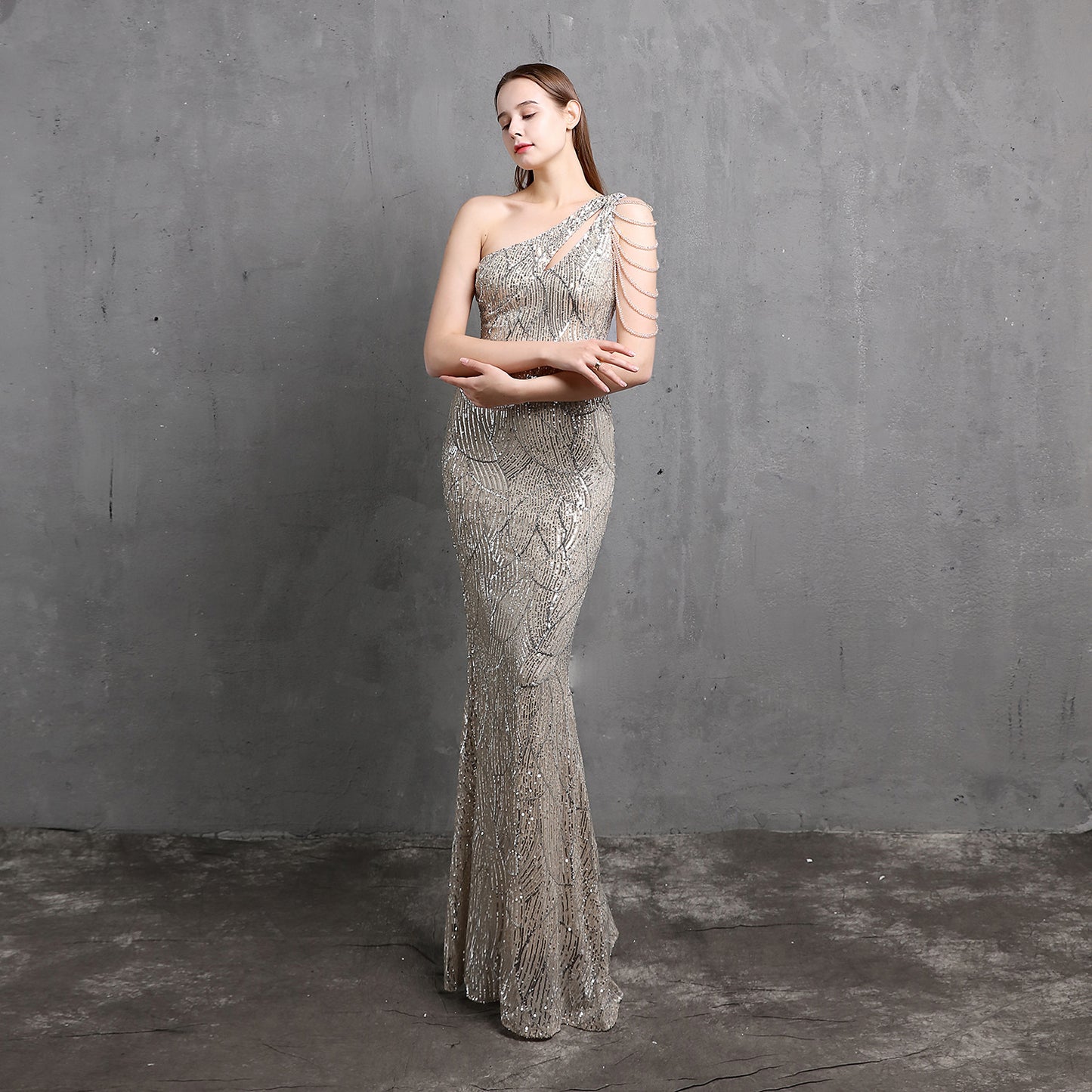 LADIES ONE SHOULDER EVENING DRESS WHITE / BLACK / APRICOT / GOLD / WINE RED / NAVY BLUE (SIZE S - 2XL)