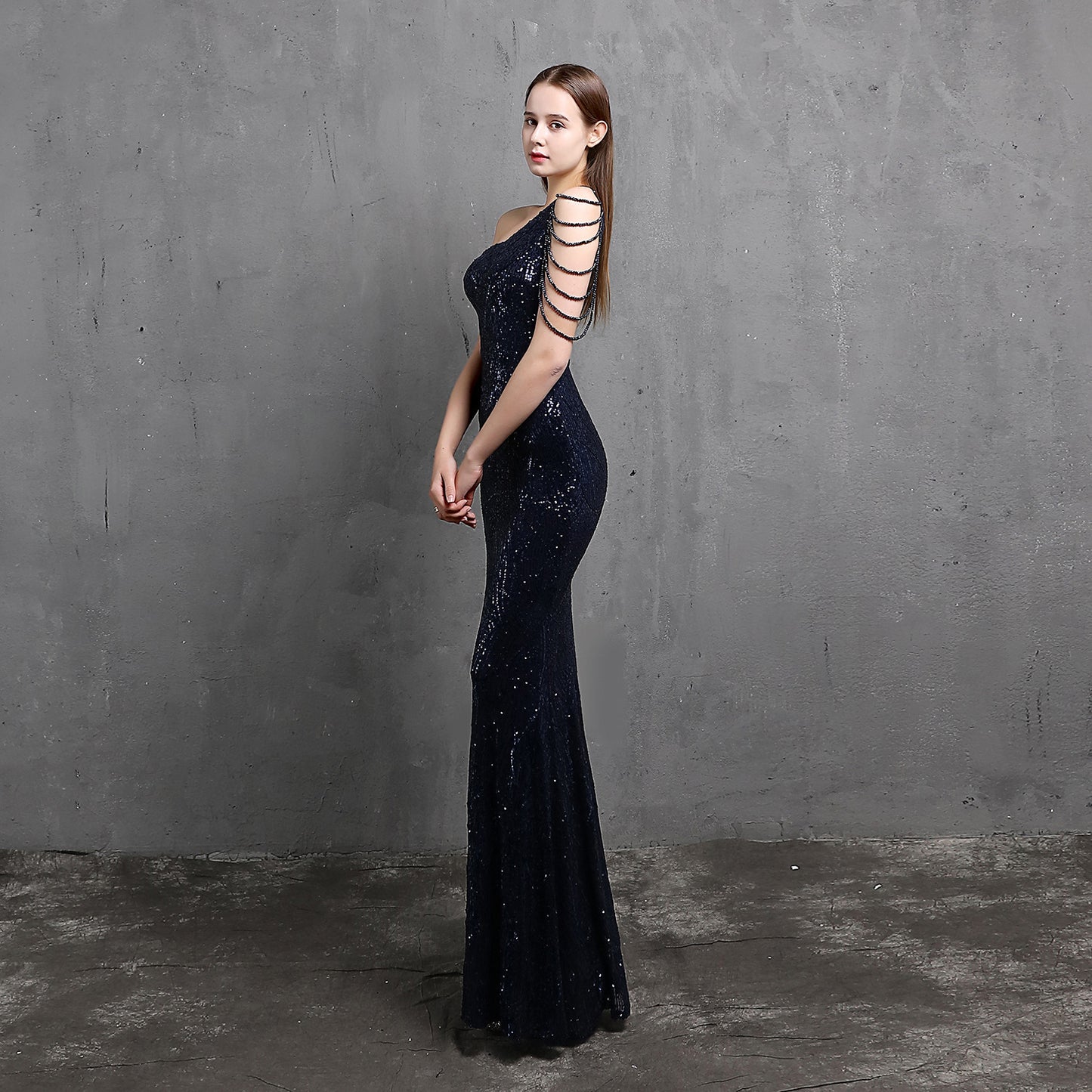 LADIES ONE SHOULDER EVENING DRESS WHITE / BLACK / APRICOT / GOLD / WINE RED / NAVY BLUE (SIZE S - 2XL)