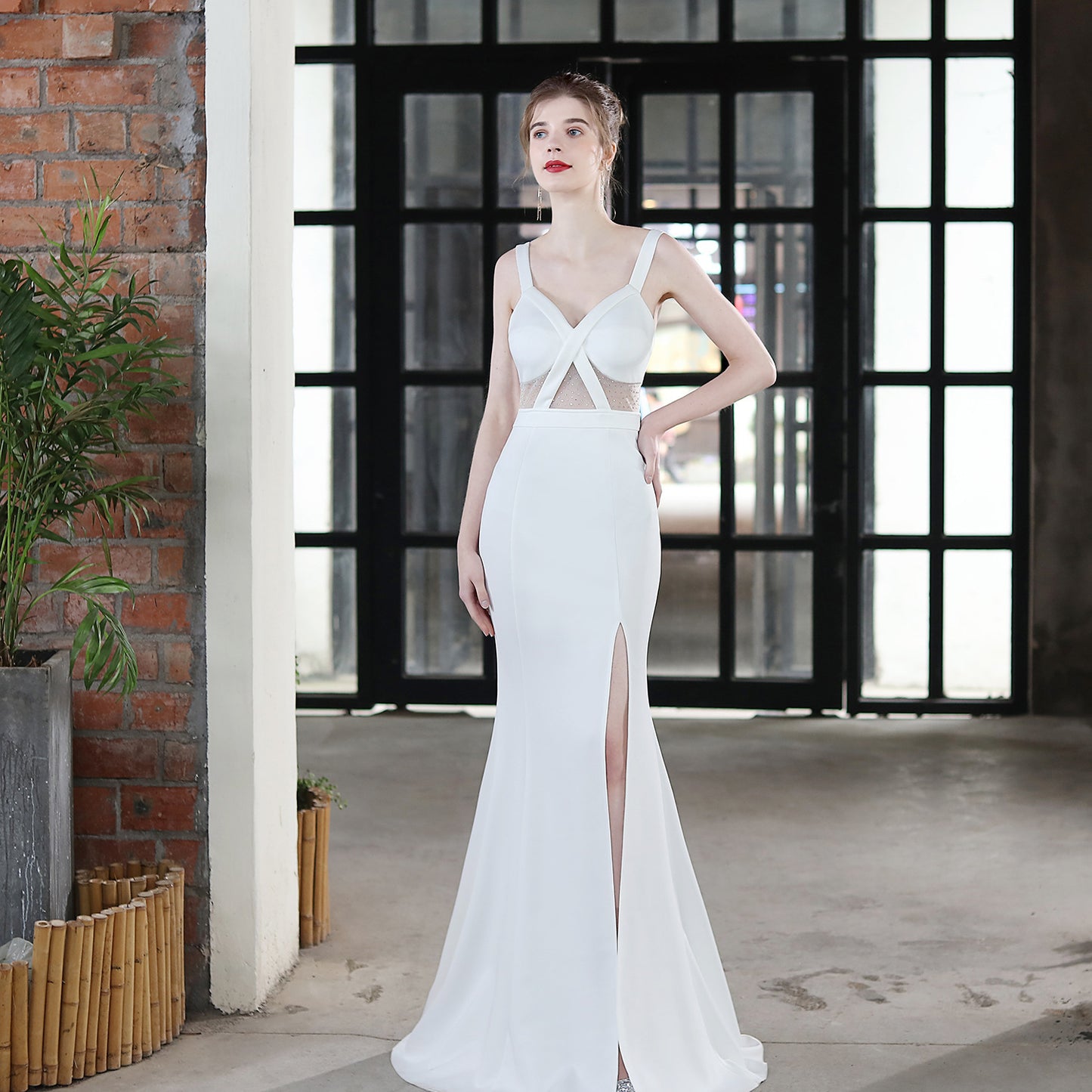 LADIES SLEEVELESS EVENING DRESS WITH SLIT WHITE / BLACK / WINE RED (SIZE S - 2XL)
