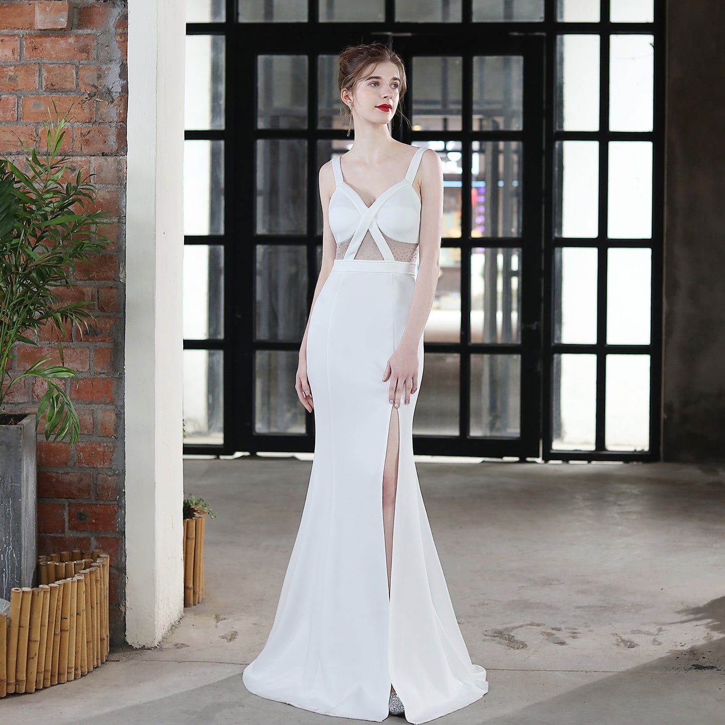 LADIES SLEEVELESS EVENING DRESS WITH SLIT WHITE / BLACK / WINE RED (SIZE S - 2XL)