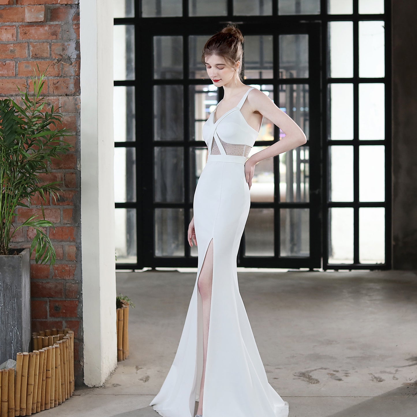 LADIES SLEEVELESS EVENING DRESS WITH SLIT WHITE / BLACK / WINE RED (SIZE S - 2XL)