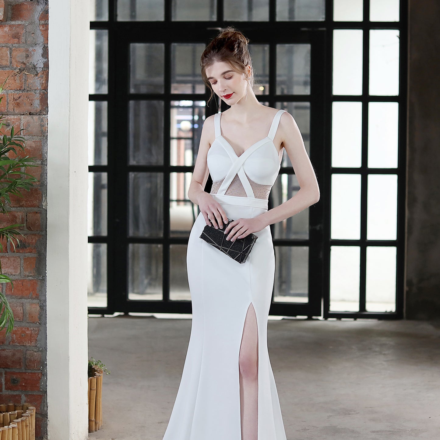 LADIES SLEEVELESS EVENING DRESS WITH SLIT WHITE / BLACK / WINE RED (SIZE S - 2XL)