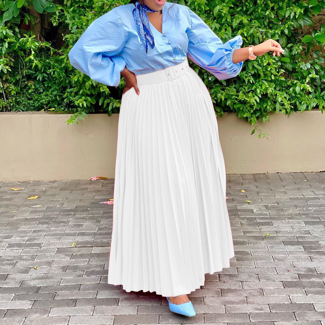 LADIES LONG PLEATED SKIRT WITH BELT WHITE / PURPLE / BLACK / WINE RED / GREEN (SIZE S - 3XL)