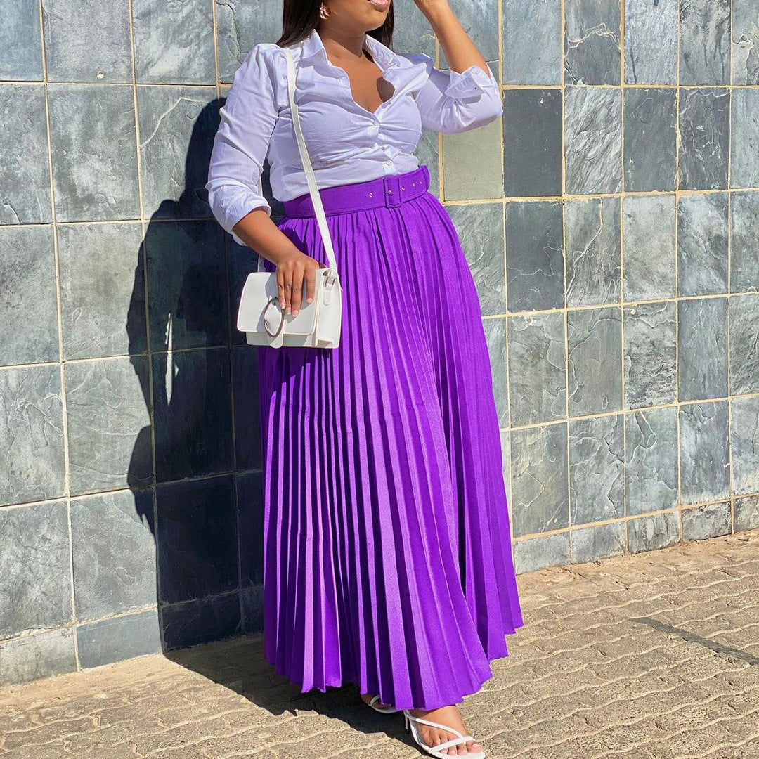 LADIES LONG PLEATED SKIRT WITH BELT WHITE / PURPLE / BLACK / WINE RED / GREEN (SIZE S - 3XL)