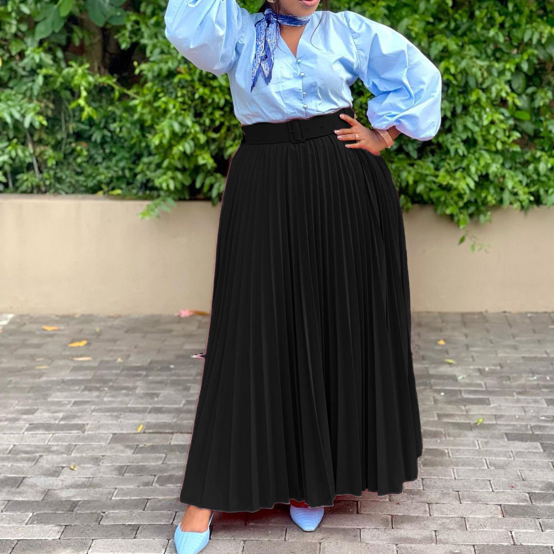 LADIES LONG PLEATED SKIRT WITH BELT WHITE / PURPLE / BLACK / WINE RED / GREEN (SIZE S - 3XL)