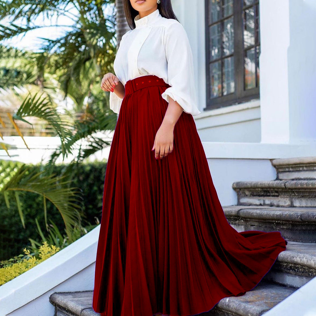 LADIES LONG PLEATED SKIRT WITH BELT WHITE / PURPLE / BLACK / WINE RED / GREEN (SIZE S - 3XL)