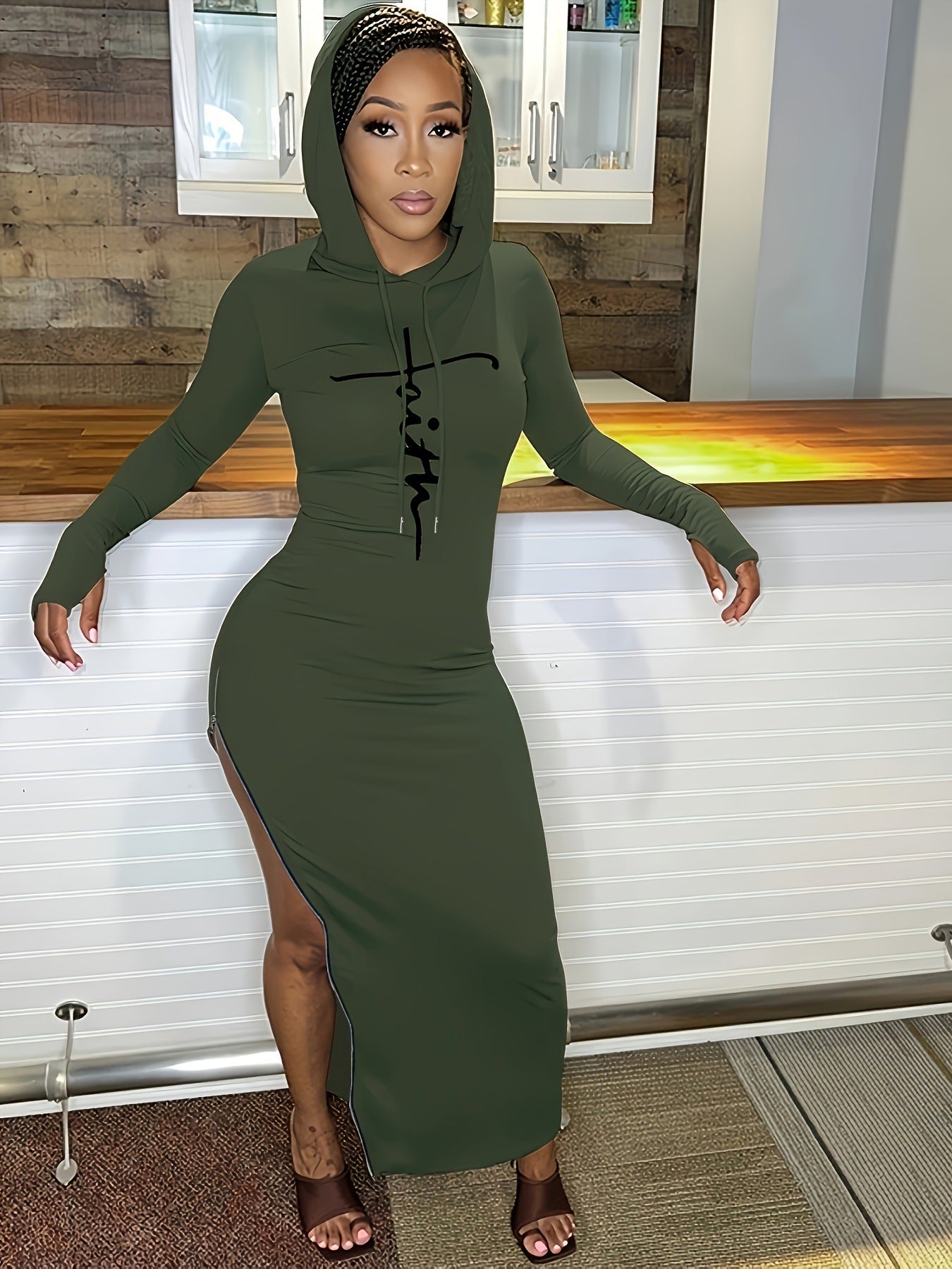 LADIES LONG SLEEVE HOODY DRESS BLACK / RED / BLUE / DARK OLIVE GREEN (SIZE S - 2XL)