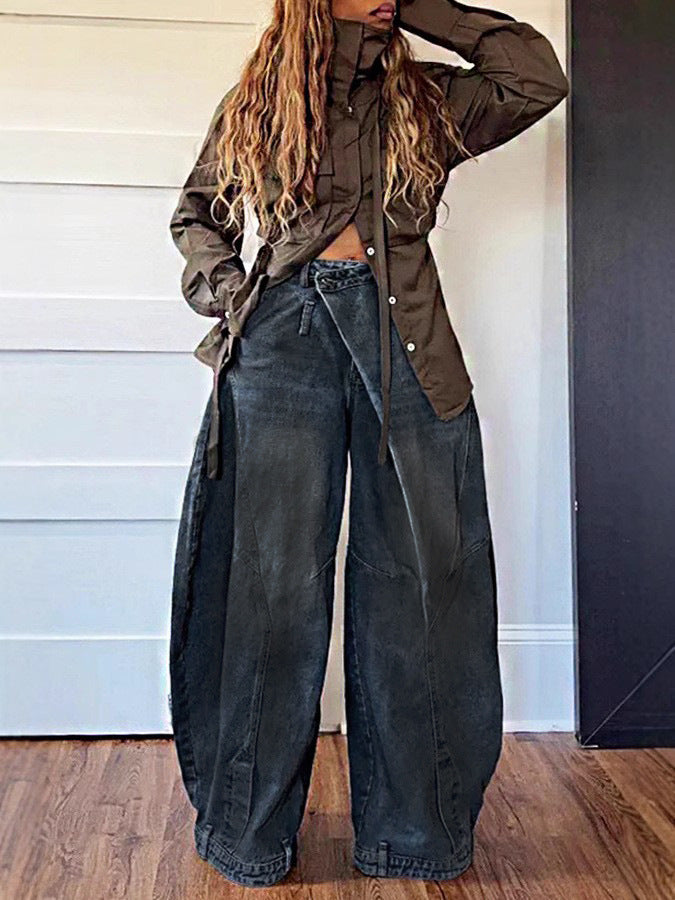 LADIES WIDE LEG DENIM PANTS / JEANS DARK BLUE DENIM (SIZE S - 3XL)