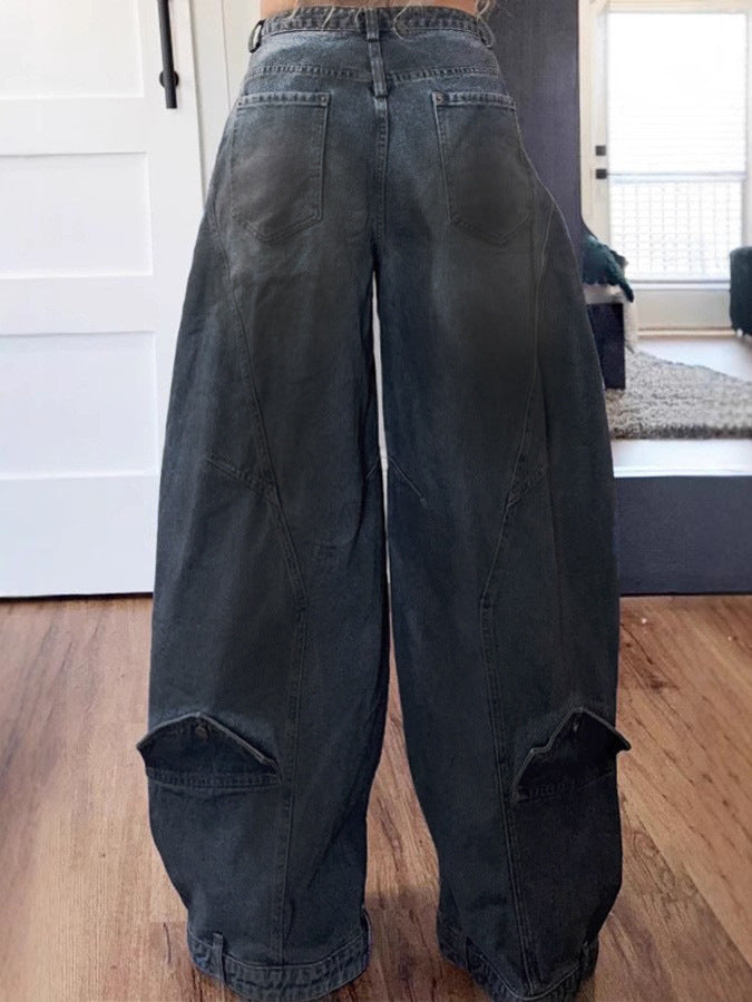 LADIES WIDE LEG DENIM PANTS / JEANS DARK BLUE DENIM (SIZE S - 3XL)