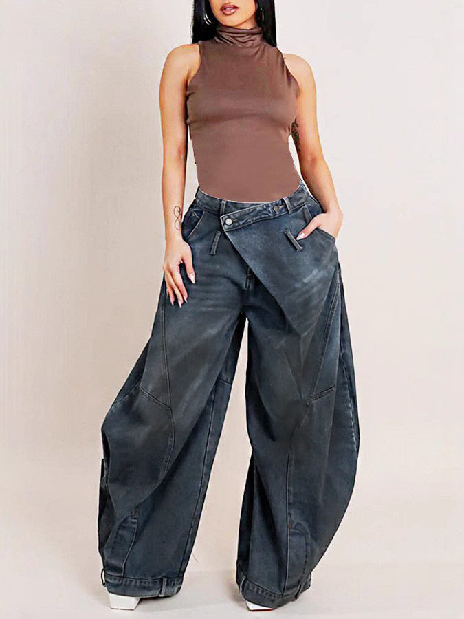 LADIES WIDE LEG DENIM PANTS / JEANS DARK BLUE DENIM (SIZE S - 3XL)