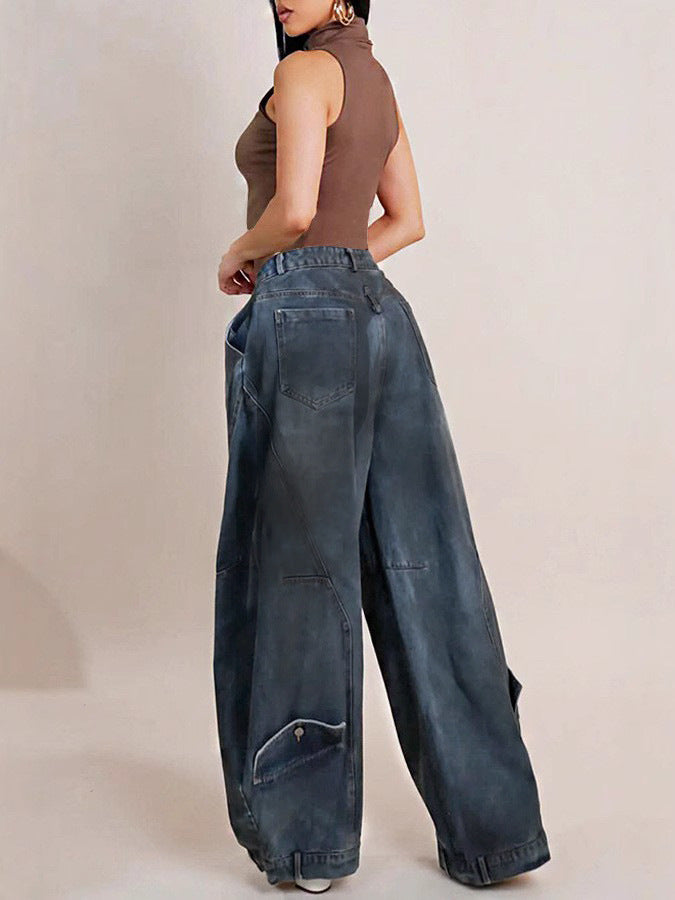 LADIES WIDE LEG DENIM PANTS / JEANS DARK BLUE DENIM (SIZE S - 3XL)