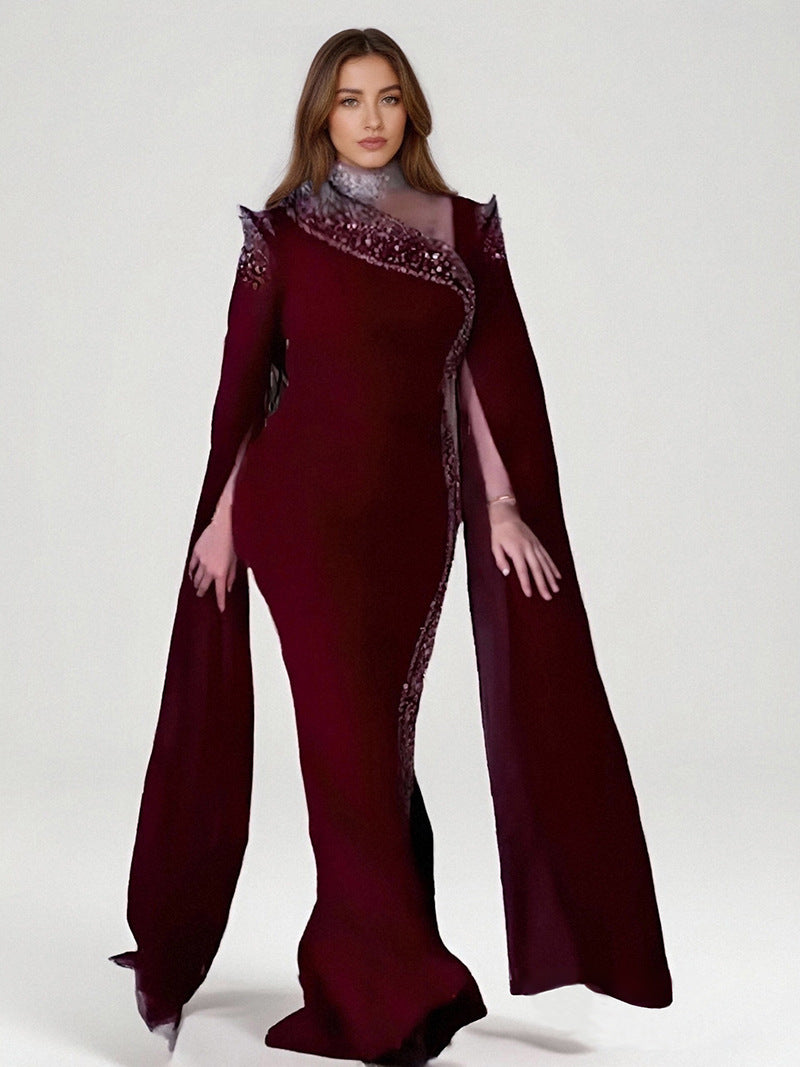 LADIES PLUS SIZE BEADED EVENING DRESS BLACK / WINE RED / BLUE / PURPLE (SIZE L - 3XL)