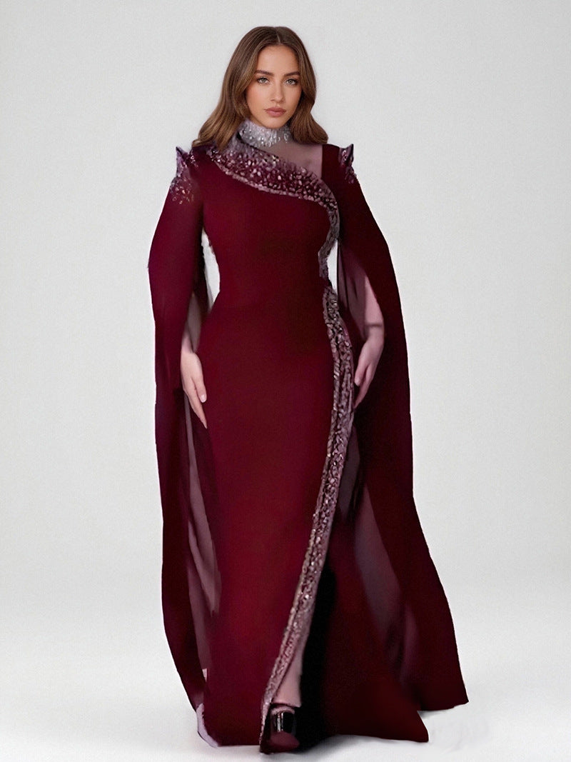 LADIES PLUS SIZE BEADED EVENING DRESS BLACK / WINE RED / BLUE / PURPLE (SIZE L - 3XL)