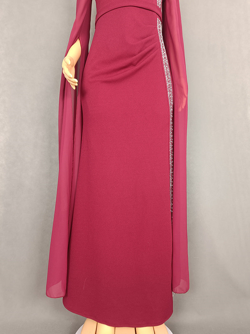 LADIES PLUS SIZE BEADED EVENING DRESS BLACK / WINE RED / BLUE / PURPLE (SIZE L - 3XL)