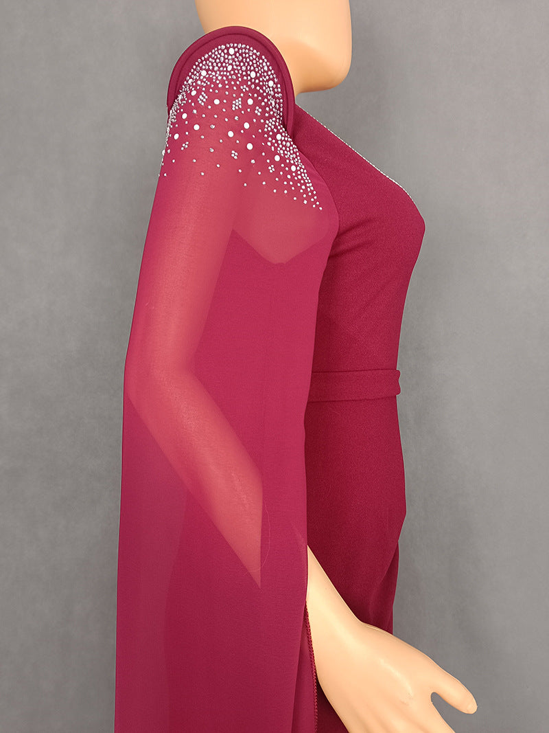LADIES PLUS SIZE BEADED EVENING DRESS BLACK / WINE RED / BLUE / PURPLE (SIZE L - 3XL)