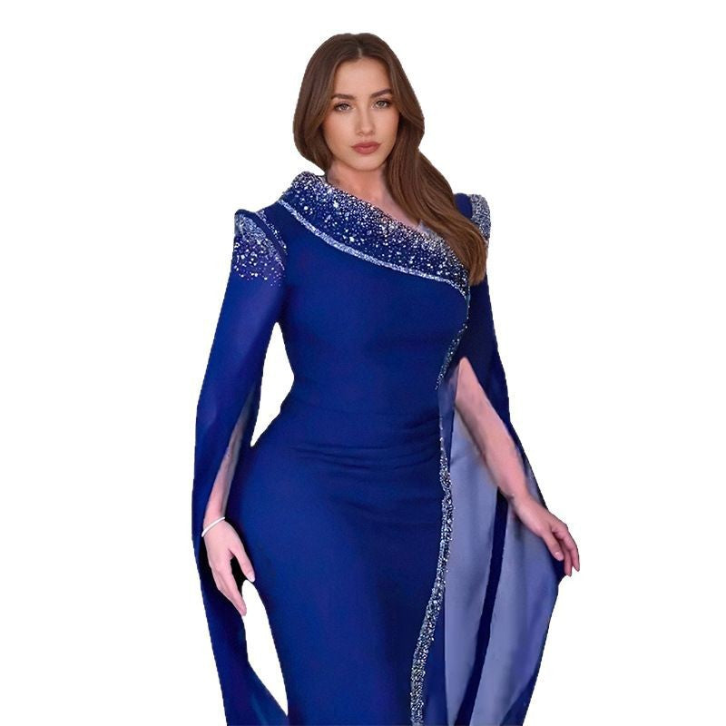 LADIES PLUS SIZE BEADED EVENING DRESS BLACK / WINE RED / BLUE / PURPLE (SIZE L - 3XL)