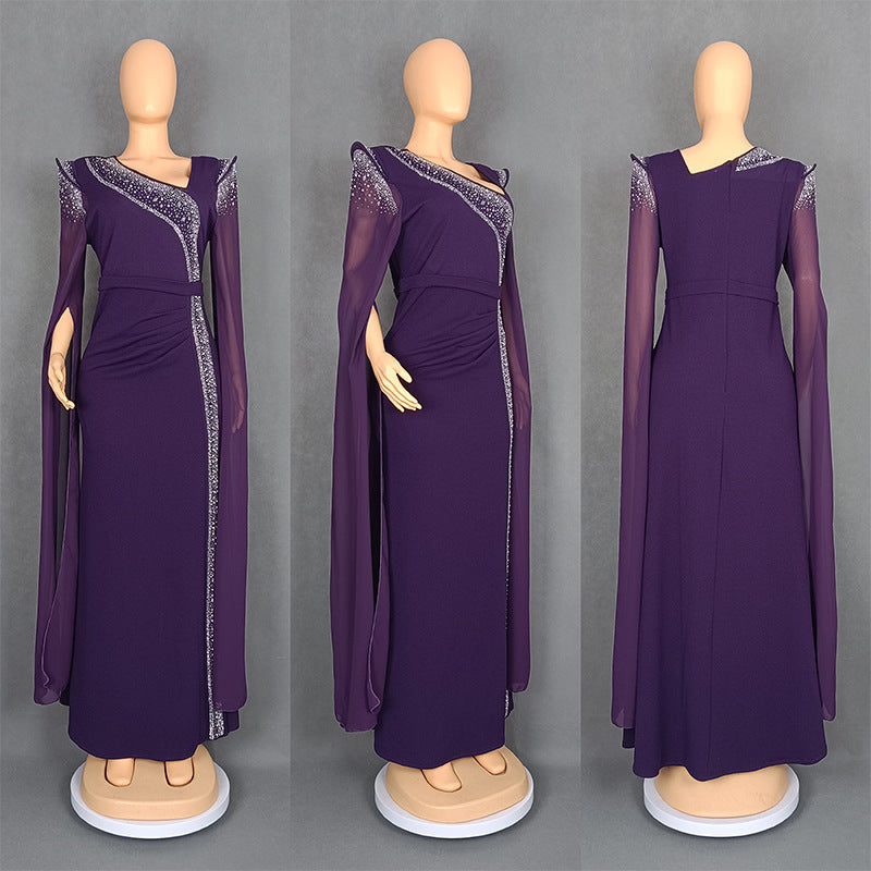LADIES PLUS SIZE BEADED EVENING DRESS BLACK / WINE RED / BLUE / PURPLE (SIZE L - 3XL)
