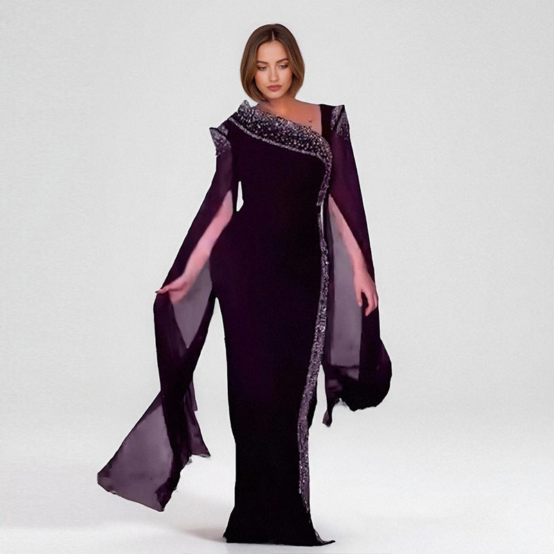 LADIES PLUS SIZE BEADED EVENING DRESS BLACK / WINE RED / BLUE / PURPLE (SIZE L - 3XL)