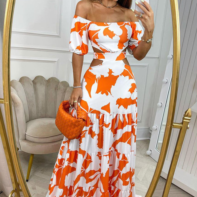 LADIES OFF THE SHOULDER CUT OUT FLORAL DRESS ORANGE / LIGHT GREEN / TURQUOISE GREEN / BLUE (SIZE S - 3XL)