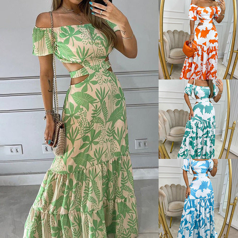 LADIES OFF THE SHOULDER CUT OUT FLORAL DRESS ORANGE / LIGHT GREEN / TURQUOISE GREEN / BLUE (SIZE S - 3XL)