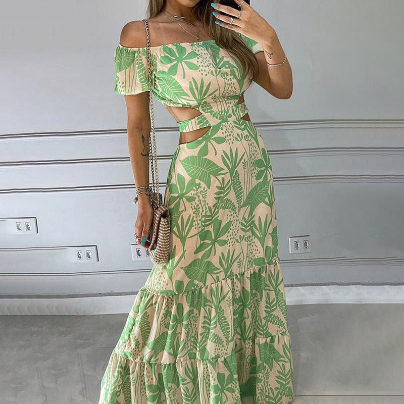 LADIES OFF THE SHOULDER CUT OUT FLORAL DRESS ORANGE / LIGHT GREEN / TURQUOISE GREEN / BLUE (SIZE S - 3XL)