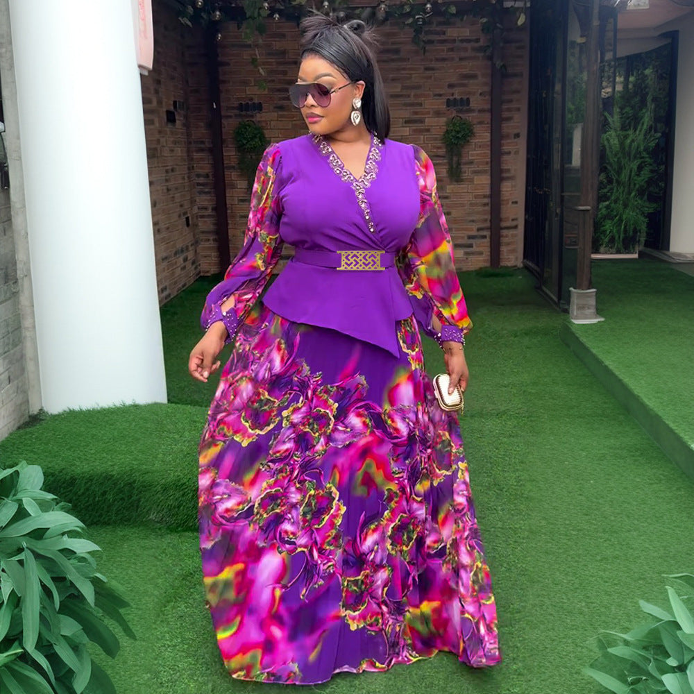 LADIES PLUS SIZE TWO PIECE SKIRT SET PURPLE / YELLOW / BLACK (SIZE L - 3XL)