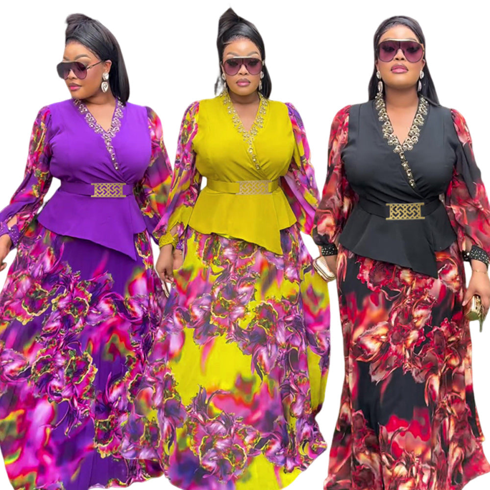 LADIES PLUS SIZE TWO PIECE SKIRT SET PURPLE / YELLOW / BLACK (SIZE L - 3XL)