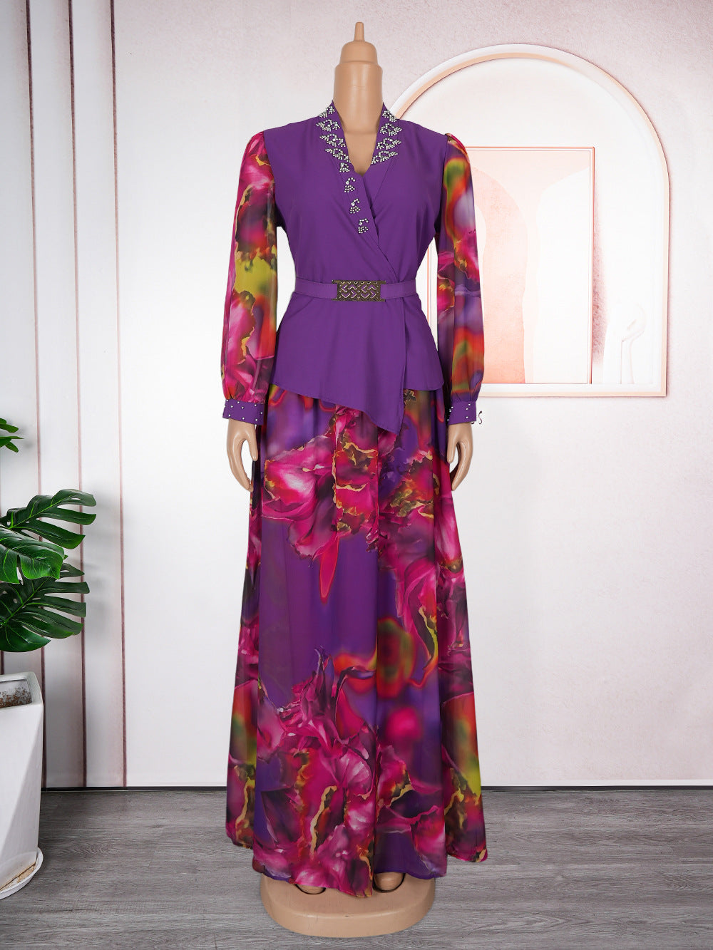 LADIES PLUS SIZE TWO PIECE SKIRT SET PURPLE / YELLOW / BLACK (SIZE L - 3XL)
