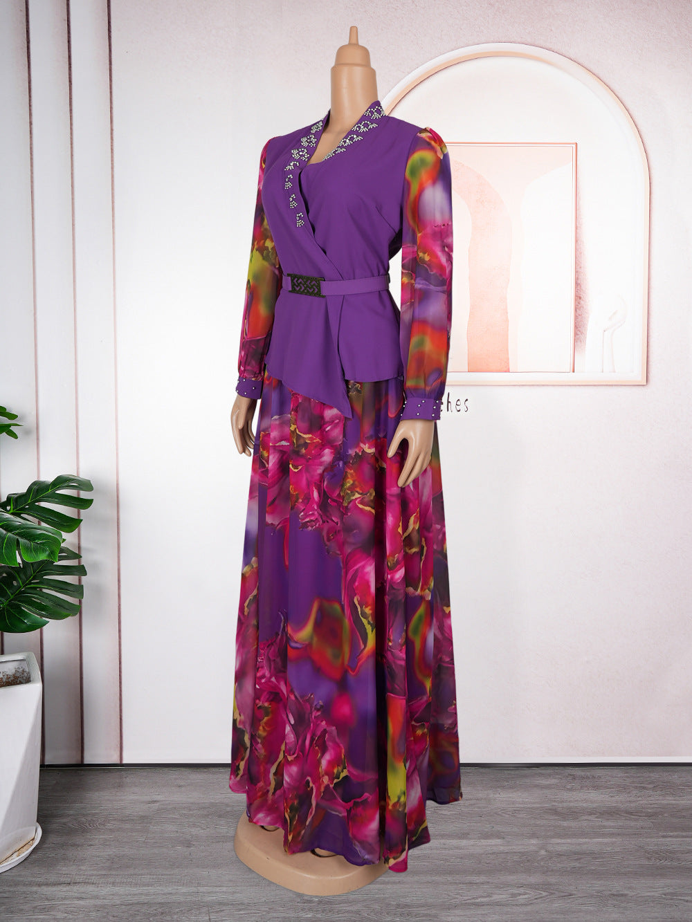 LADIES PLUS SIZE TWO PIECE SKIRT SET PURPLE / YELLOW / BLACK (SIZE L - 3XL)