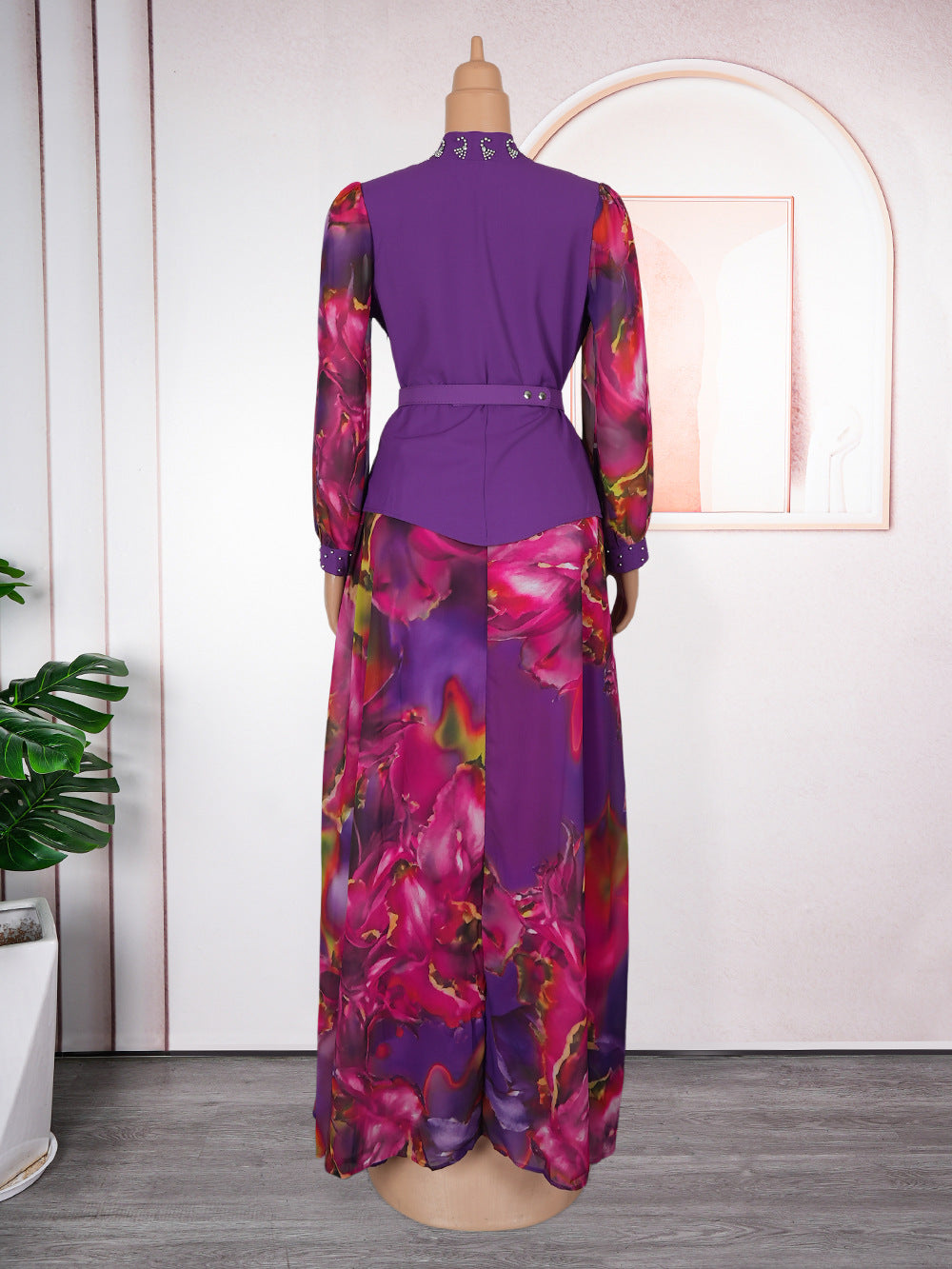 LADIES PLUS SIZE TWO PIECE SKIRT SET PURPLE / YELLOW / BLACK (SIZE L - 3XL)