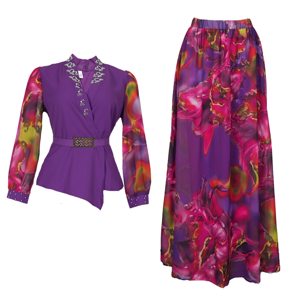 LADIES PLUS SIZE TWO PIECE SKIRT SET PURPLE / YELLOW / BLACK (SIZE L - 3XL)