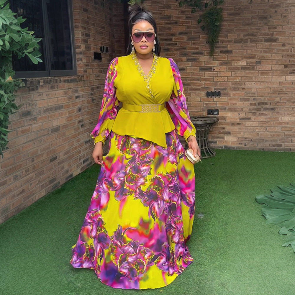 LADIES PLUS SIZE TWO PIECE SKIRT SET PURPLE / YELLOW / BLACK (SIZE L - 3XL)