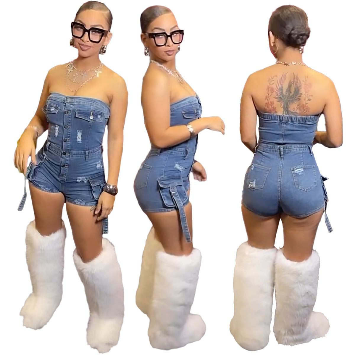 LADIES STRAPLESS DENIM PLAYSUIT / ROMPER BLUE DENIM (SIZE S - 2XL)