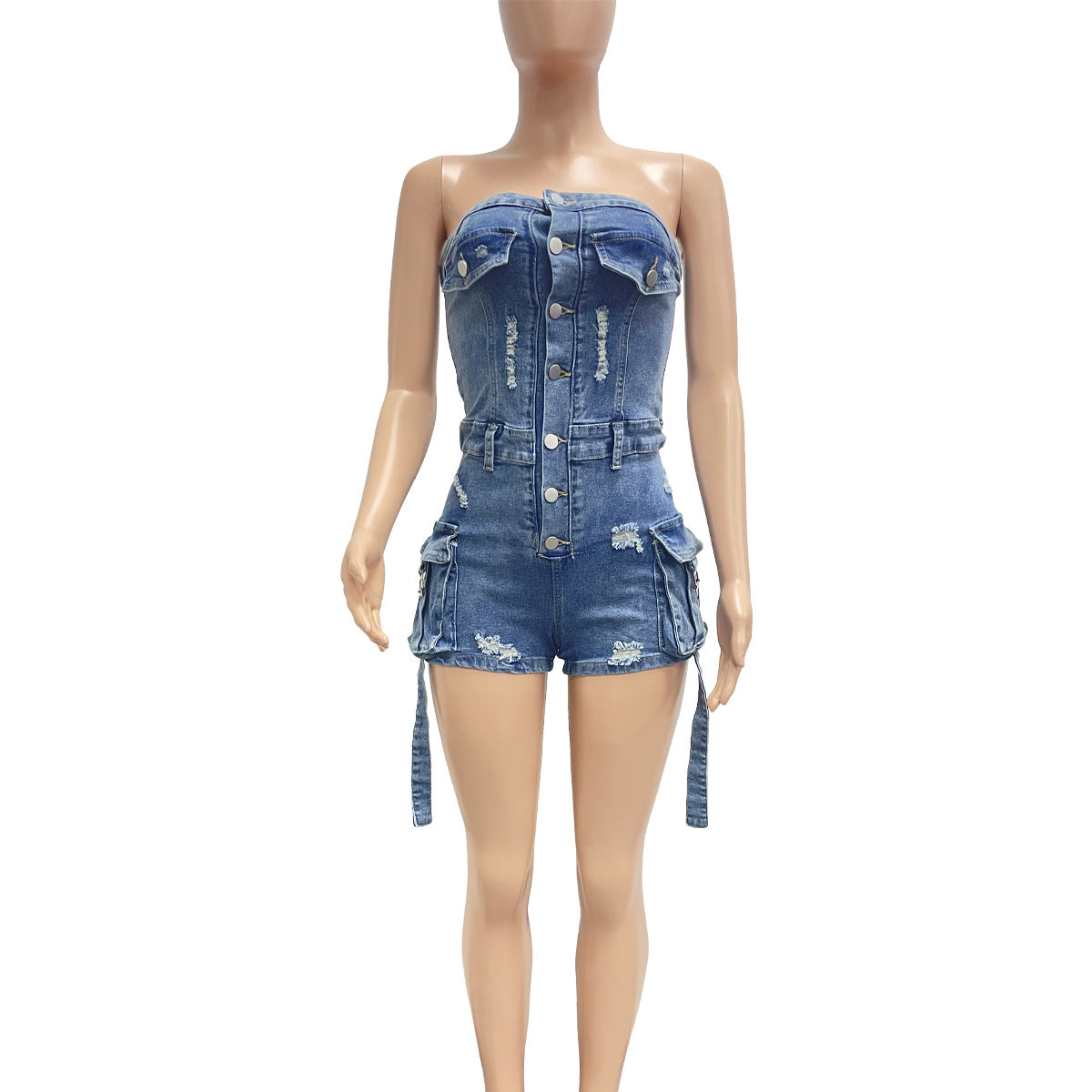 LADIES STRAPLESS DENIM PLAYSUIT / ROMPER BLUE DENIM (SIZE S - 2XL)