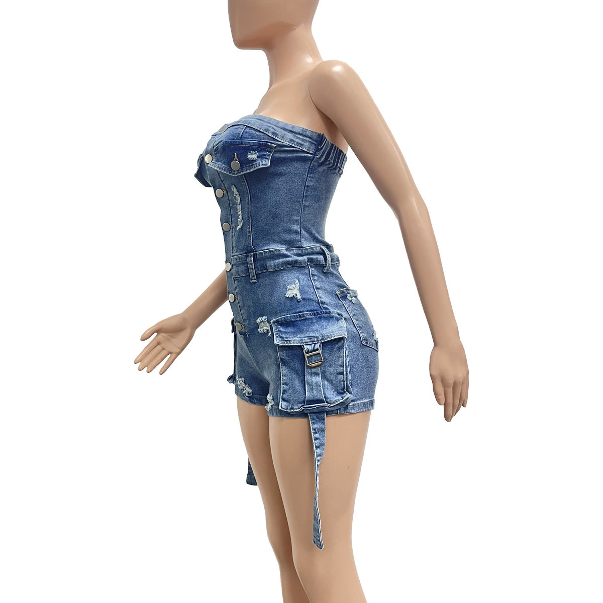 LADIES STRAPLESS DENIM PLAYSUIT / ROMPER BLUE DENIM (SIZE S - 2XL)
