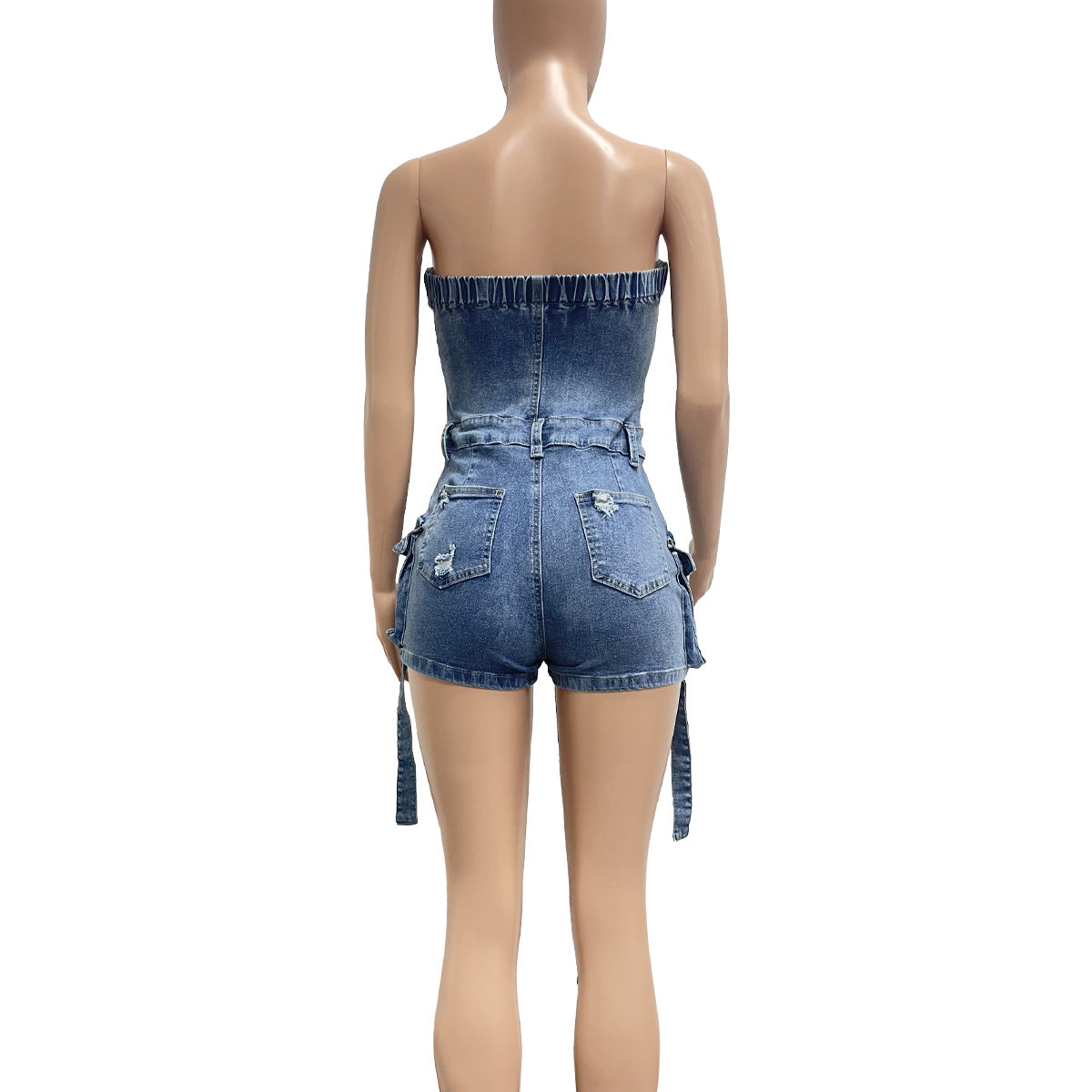 LADIES STRAPLESS DENIM PLAYSUIT / ROMPER BLUE DENIM (SIZE S - 2XL)