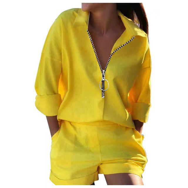 LADIES PLUS SIZE TWO PIECE SHIRT & SHORTS SET YELLOW (SIZE S - 4XL)