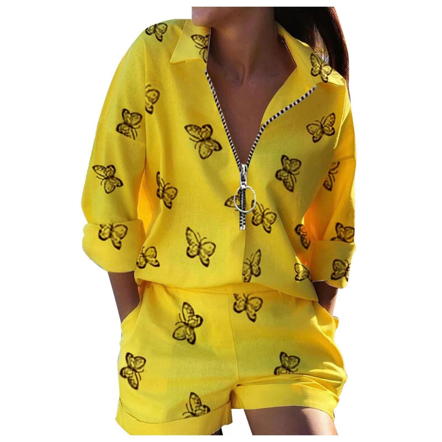 LADIES PLUS SIZE TWO PIECE SHIRT & SHORTS SET YELLOW-PRINT (SIZES S - 4XL)