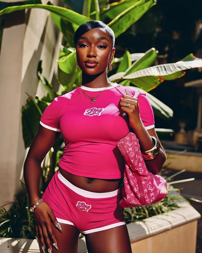 LADIES TWO PIECE SHORT SLEEVE TOP & SHORTS SET BLACK / DARK PINK / YELLOW (SIZE S - XL)