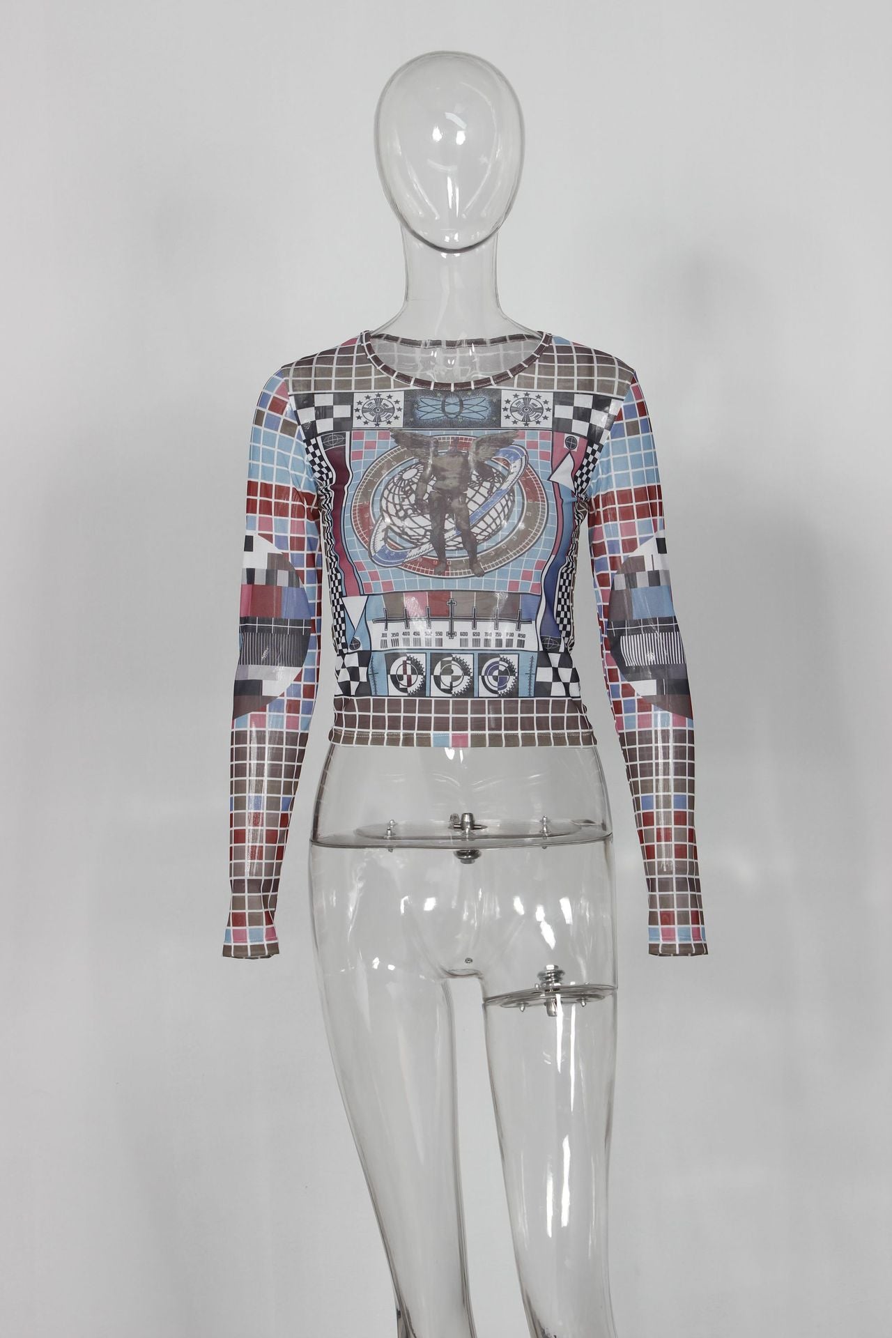 LADIES LONG SLEEVE MESH CROP TOP WHITE MULTI COLOUR (SIZE S - L)