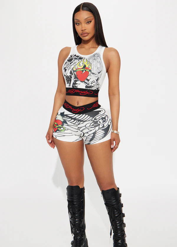 LADIES TWO PIECE SLEEVELESS VEST & SHORTS SET WHITE / GRAY (SIZE S - XL)