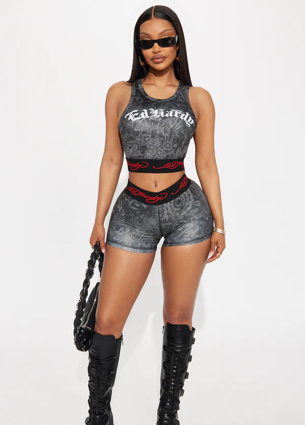LADIES TWO PIECE SLEEVELESS VEST & SHORTS SET WHITE / GRAY (SIZE S - XL)