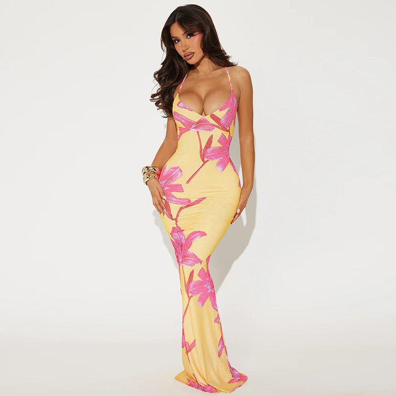 LADIES LOW BACK LONG DRESS LIGHT YELLOW (SIZE S - L)