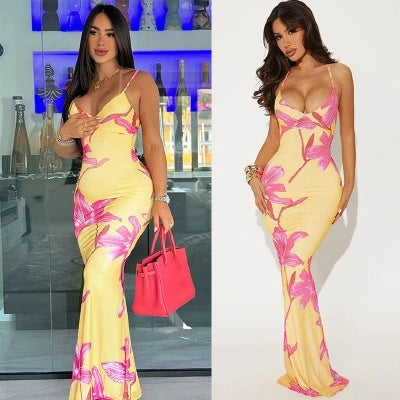 LADIES LOW BACK LONG DRESS LIGHT YELLOW (SIZE S - L)