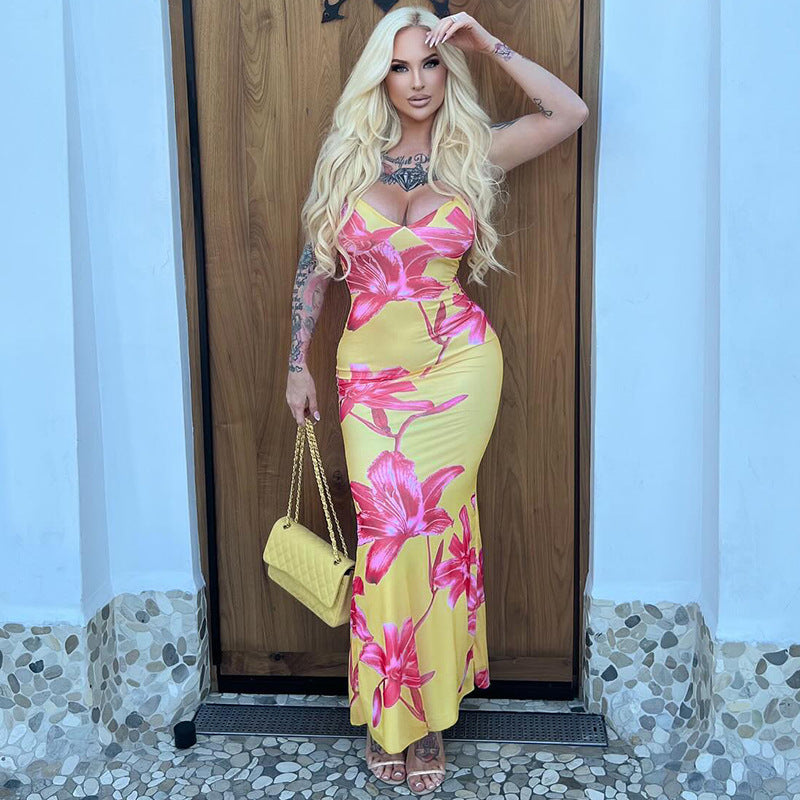 LADIES LOW BACK LONG DRESS LIGHT YELLOW (SIZE S - L)