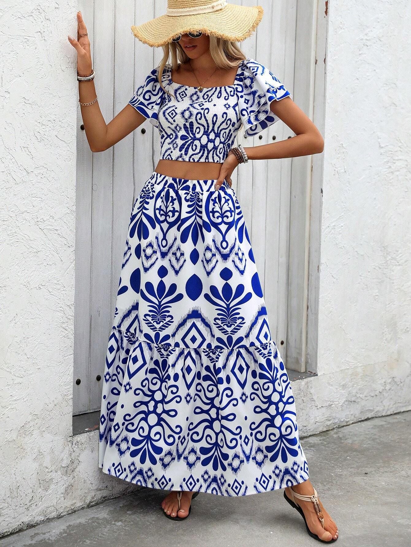 LADIES TWO PIECE SHORT SLEEVE TOP & SKIRT SET BLUE-WHITE (SIZE XS - L)